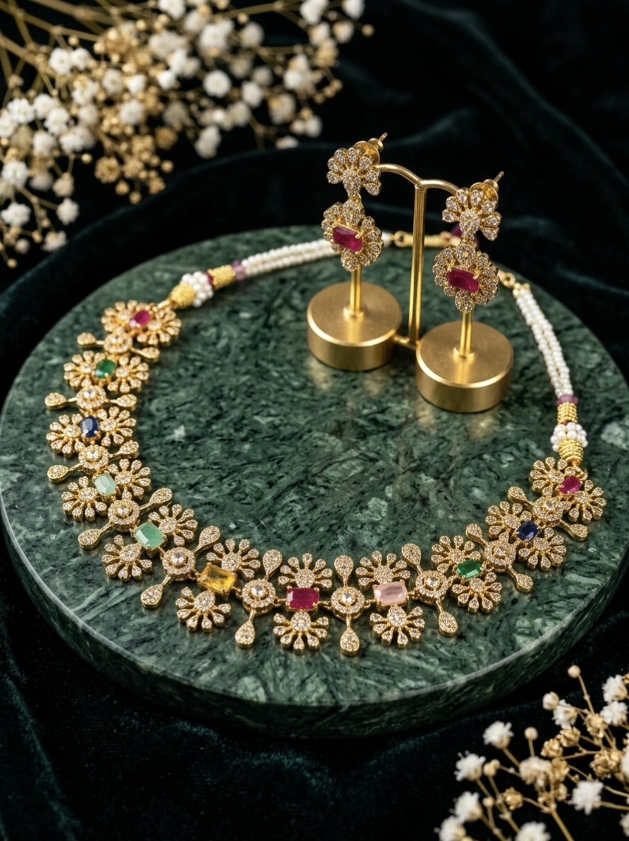 Premium Navaratna Necklace & Earrings Set