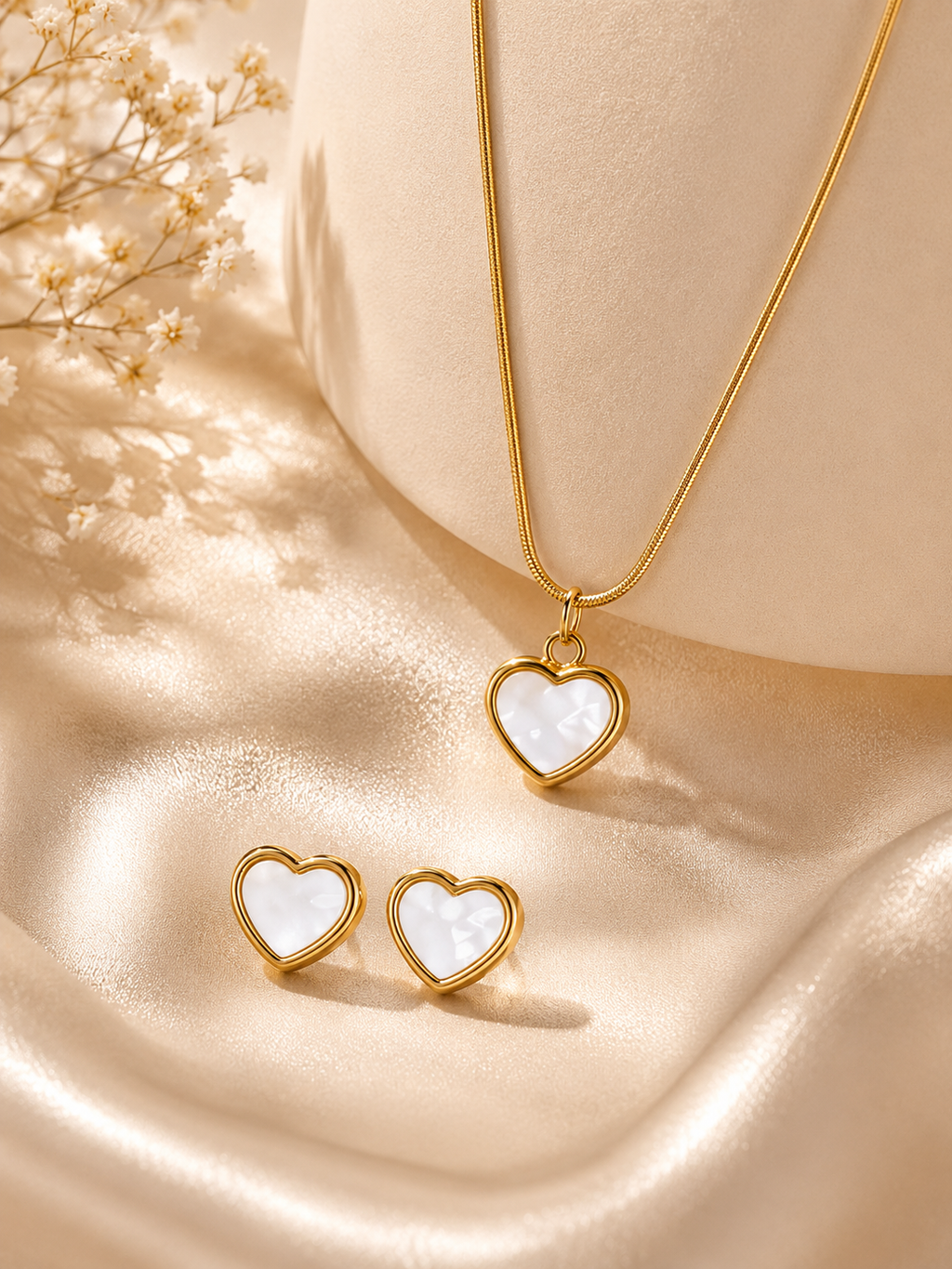 Anti Tarnish Heart Pendant Chain & Earrings